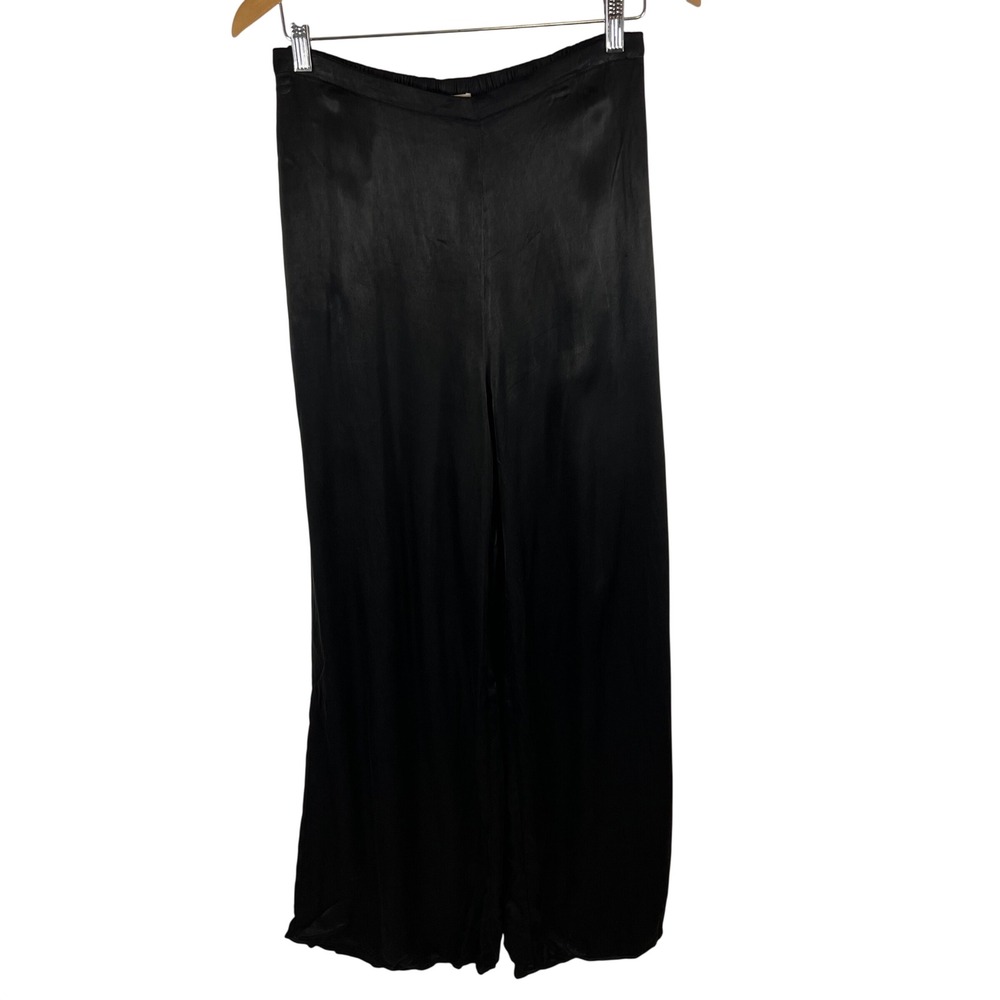 Bella Dahl Black Satin Wide Leg Pants Elastic Waist Pockets Size Medium